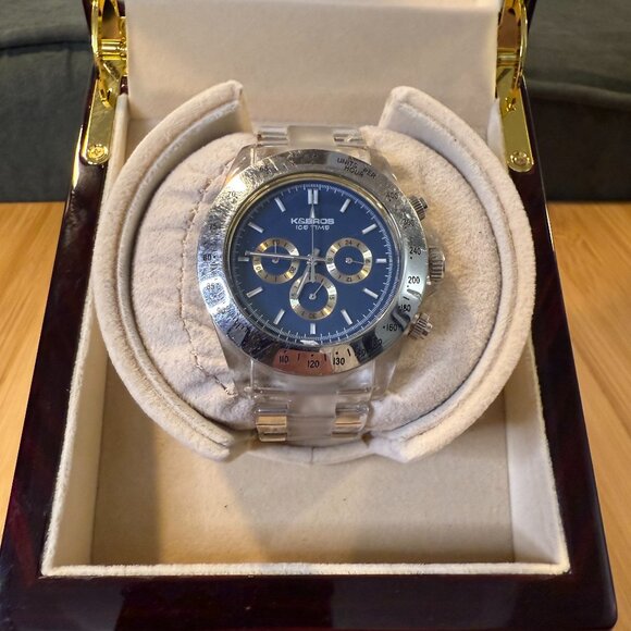 K&BROS Ice Time Chronograph Bling Watch Silver/Blue/Clear, 43mm - Picture 1 of 5
